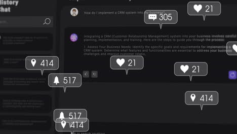 animación de iconos de medios y un chat en fondo negro