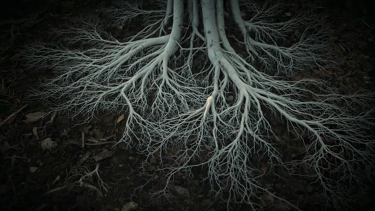 Pushing camera shifting focus downward at shaded forest floor, revealing pale trunks and roots