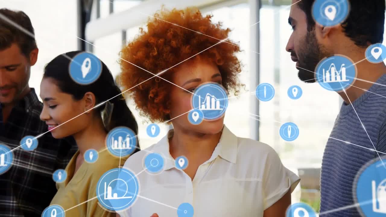 Animation of network of connections over diverse business people in office