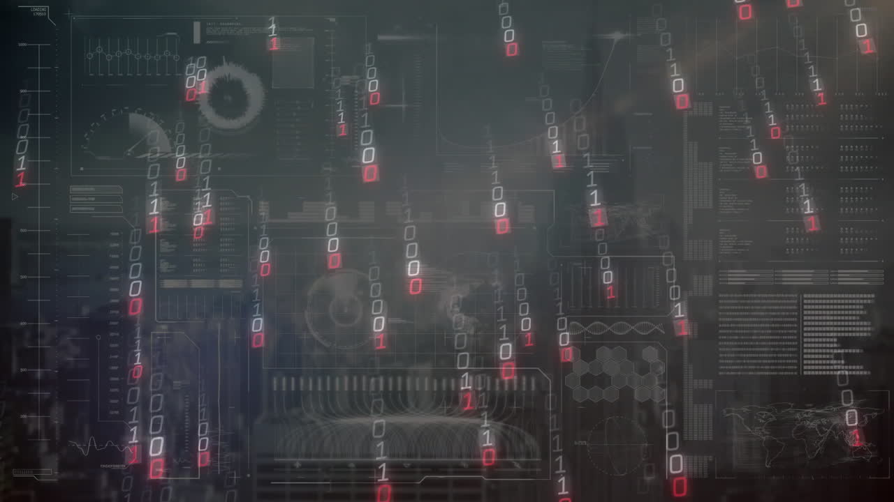 Binary digits streaming across dark futuristic UI, displaying line graphs and bar charts