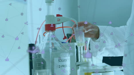 scientist handling solvent in laboratory with social media icons animation overlay