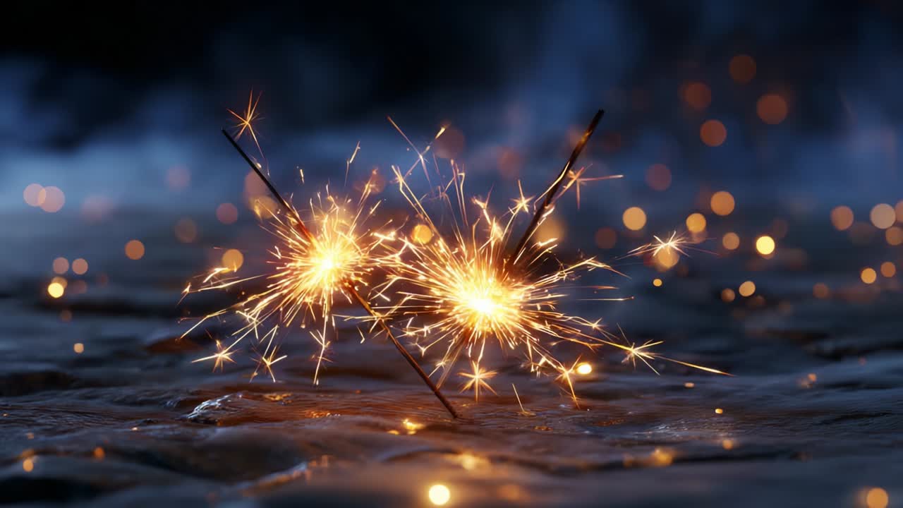 Two Sparkling Sparklers Boost the Festive Atmosphere with their Gleaming Displays of Light Against a Dark Background, Creating a Magical Ambiance Perfect for Celebrations and Special Occasions