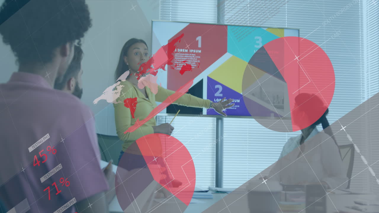 Animation of financial data processing over diverse business people