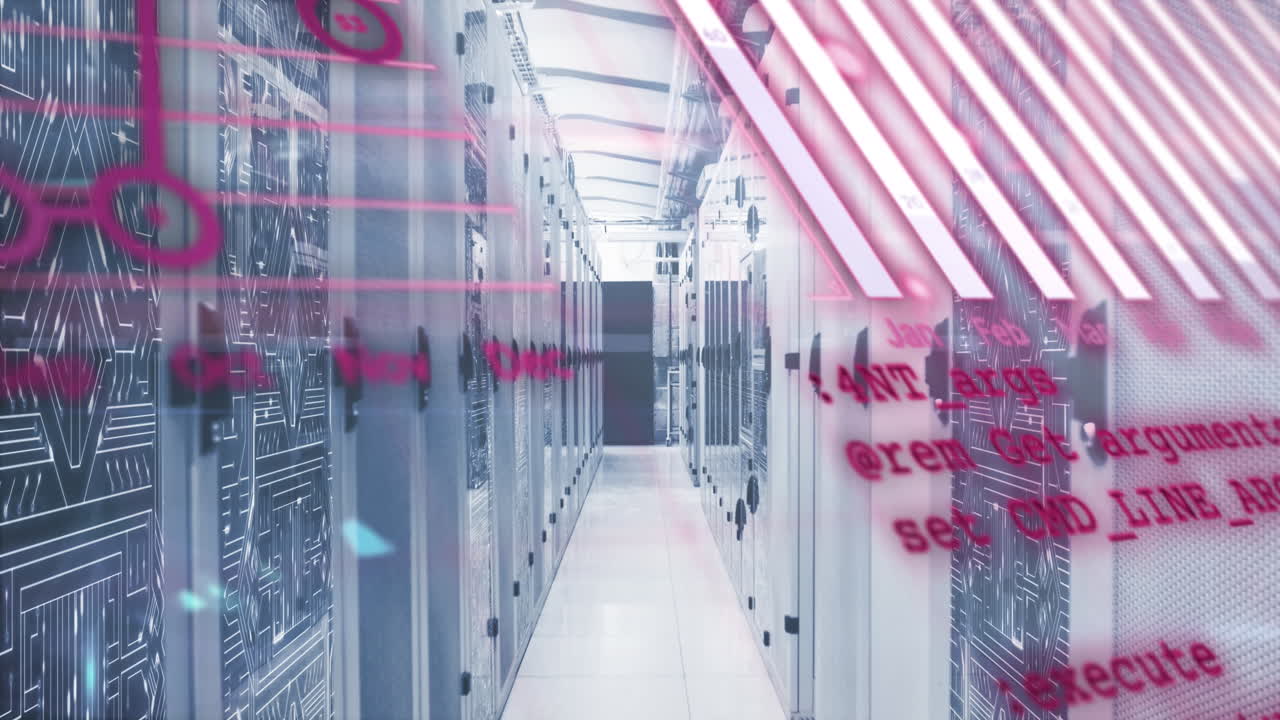 animación del lenguaje informático, gráficos, globo y patrón de placa de circuito sobre la sala del servidor