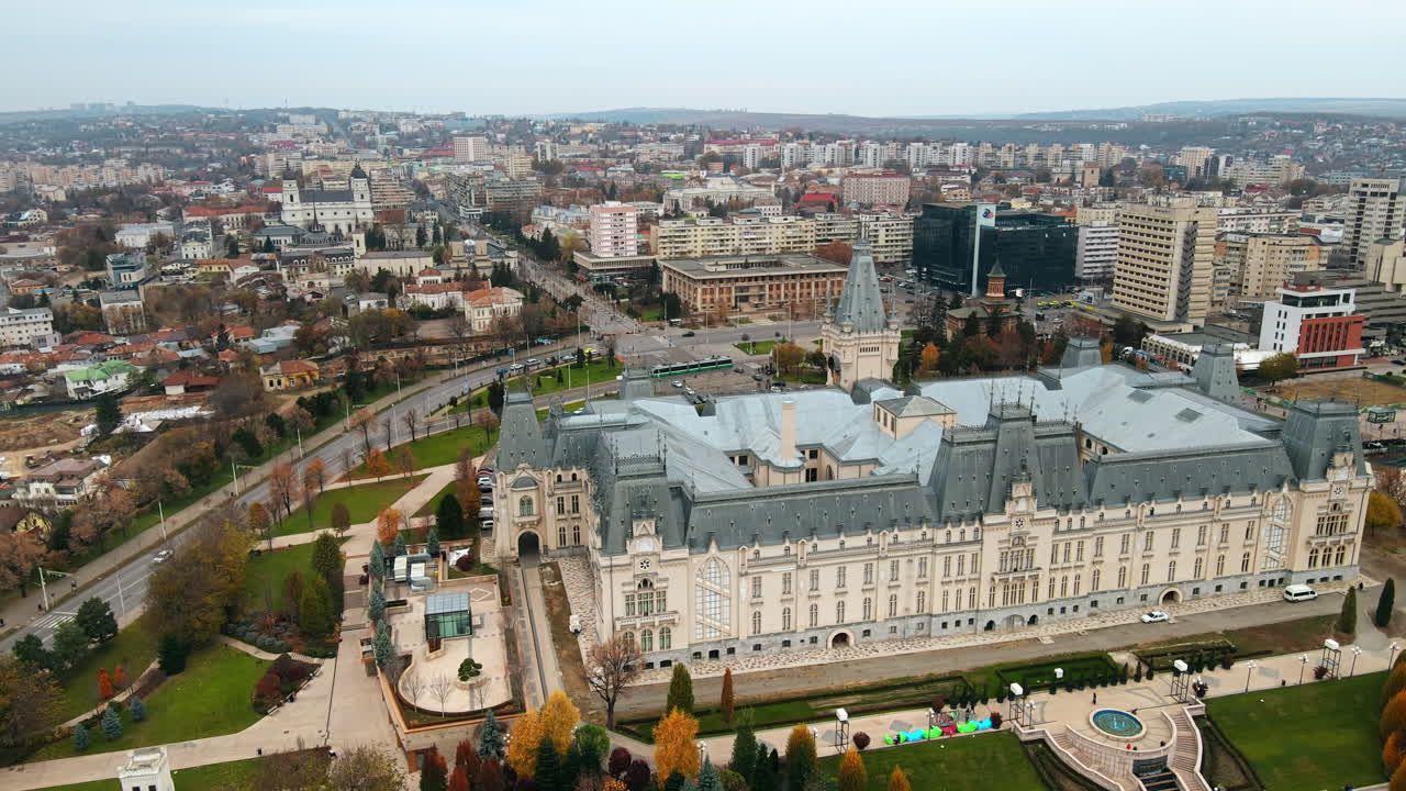 Aerial drone view of central buildings in Iasi, Romania. Square in front of it