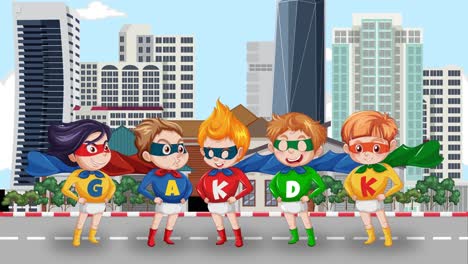 superhero kids spell out 'kid' in city