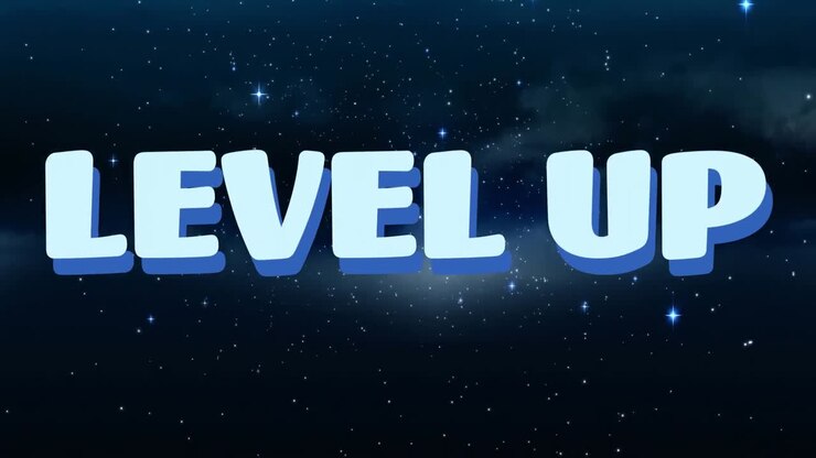 Animation of level up text over sky with stars