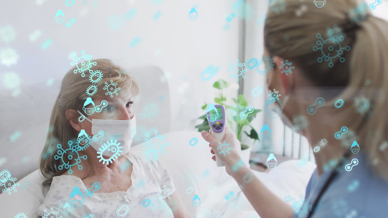 анимация клеток вируса covid-19 над кавказской пожилой женщиной и медсестрой в масках