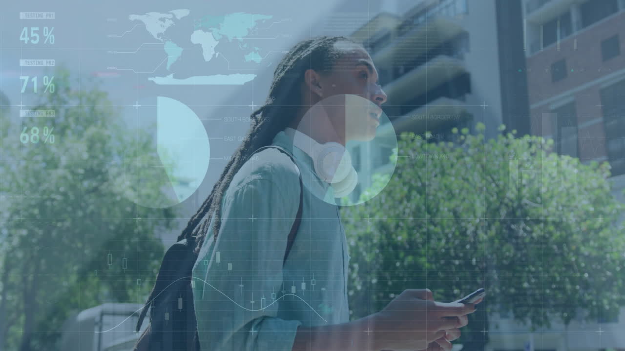 Animation of financial data processing over biracial man using smartphone