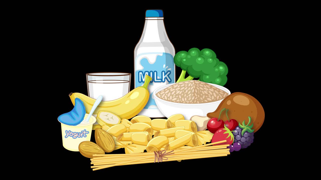 Twelve food group illustrations animate in a grid, shifting positions smoothly on a black background