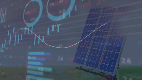 animación del procesamiento de datos estadísticos y bursátiles con paneles solares en pastizales
