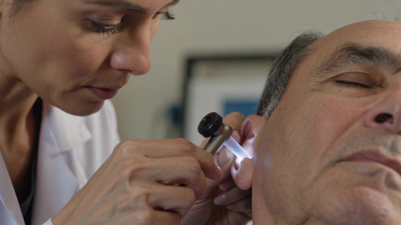 Paziente reclinato, clinico in camice bianco che esamina l'orecchio destro in clinica usando un otoscopio illuminato.