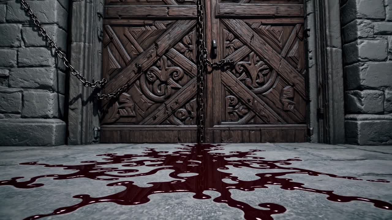 Dark wooden doors with intricate carvings are chained shut, while a vivid trail of blood flows across the stone floor, creating a haunting and suspenseful atmosphere
