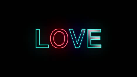 stroke 2d animation of word love in blue color with a red letter and glow effect. 4k 2d animation of neon text.