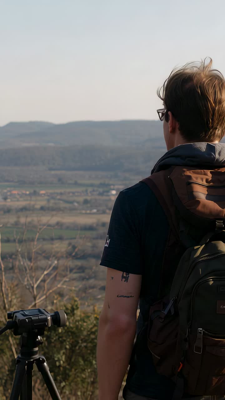 Video verticale: escursionista in cima alla collina con maglietta scura, zaino marrone che osserva il panorama, pianificando una ripresa con il treppiede
