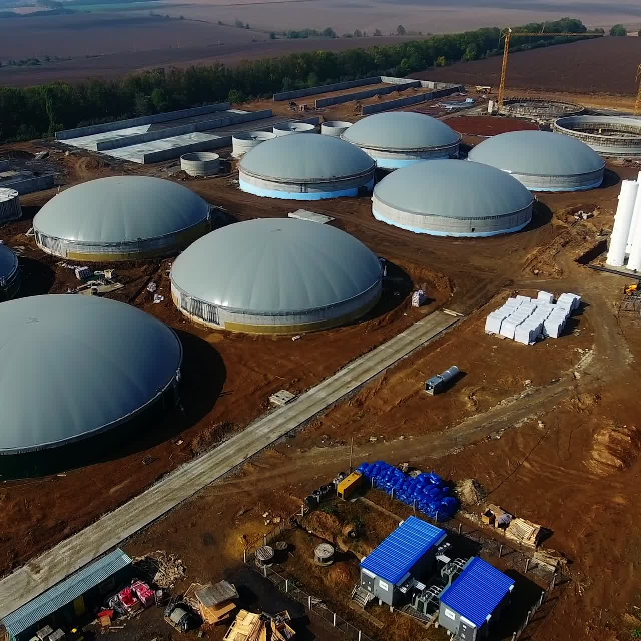 Aerial view on the modern bio gas station or factory building. Bio gas plant. Sustainable production. Ecological production