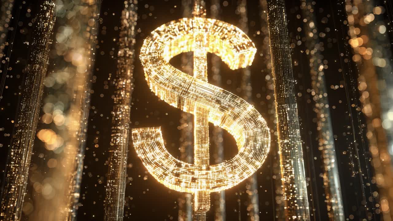 Abstract dollar symbol composed of glowing golden particles floating in a digital environment, representing cryptocurrency, electronic banking, online transactions, and global finance concepts