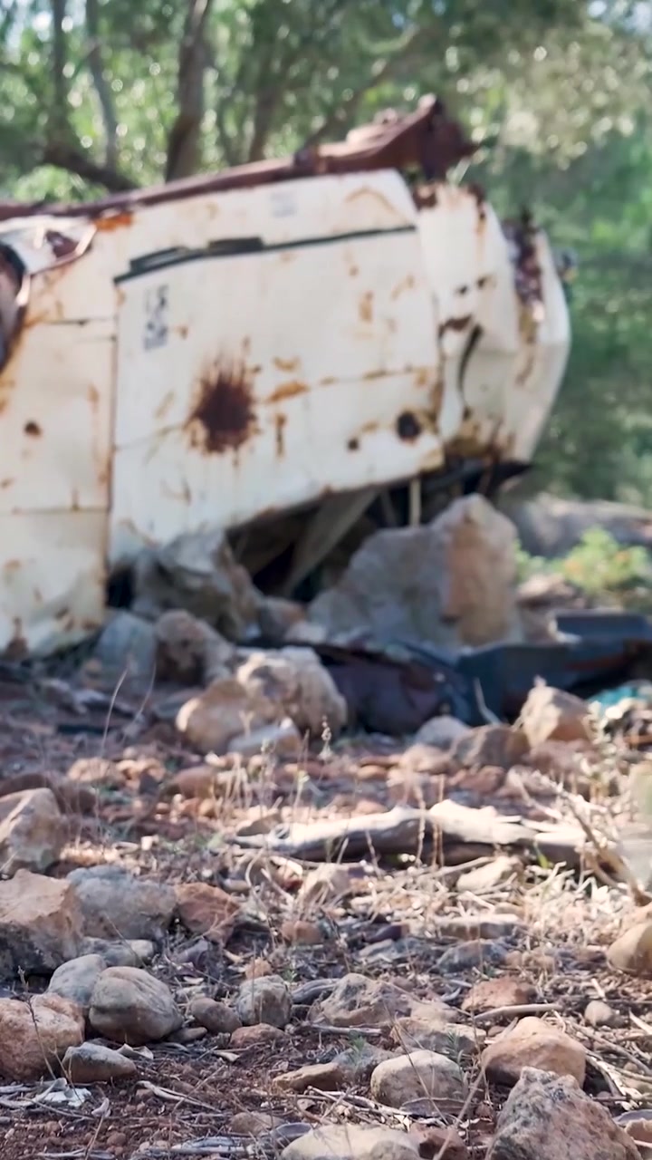 Vista ravvicinata della carrozzeria arrugginita di un veicolo abbandonato con metallo corroso e vernice scrostata, poggiata su terreno roccioso con una piccola pianta che cresce in primo piano sul Monte Ainos