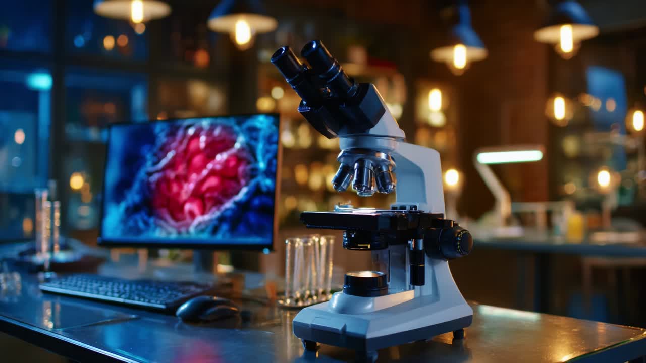 Advanced laboratory setting featuring a modern microscope paired with a high-resolution monitor displaying intricate microscopic images, highlighting the wonders of science and research in a detailed and vibrant environment