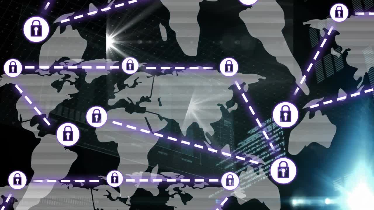 세계 지도 위의 아이콘으로 연결 네트워크의 애니메이션