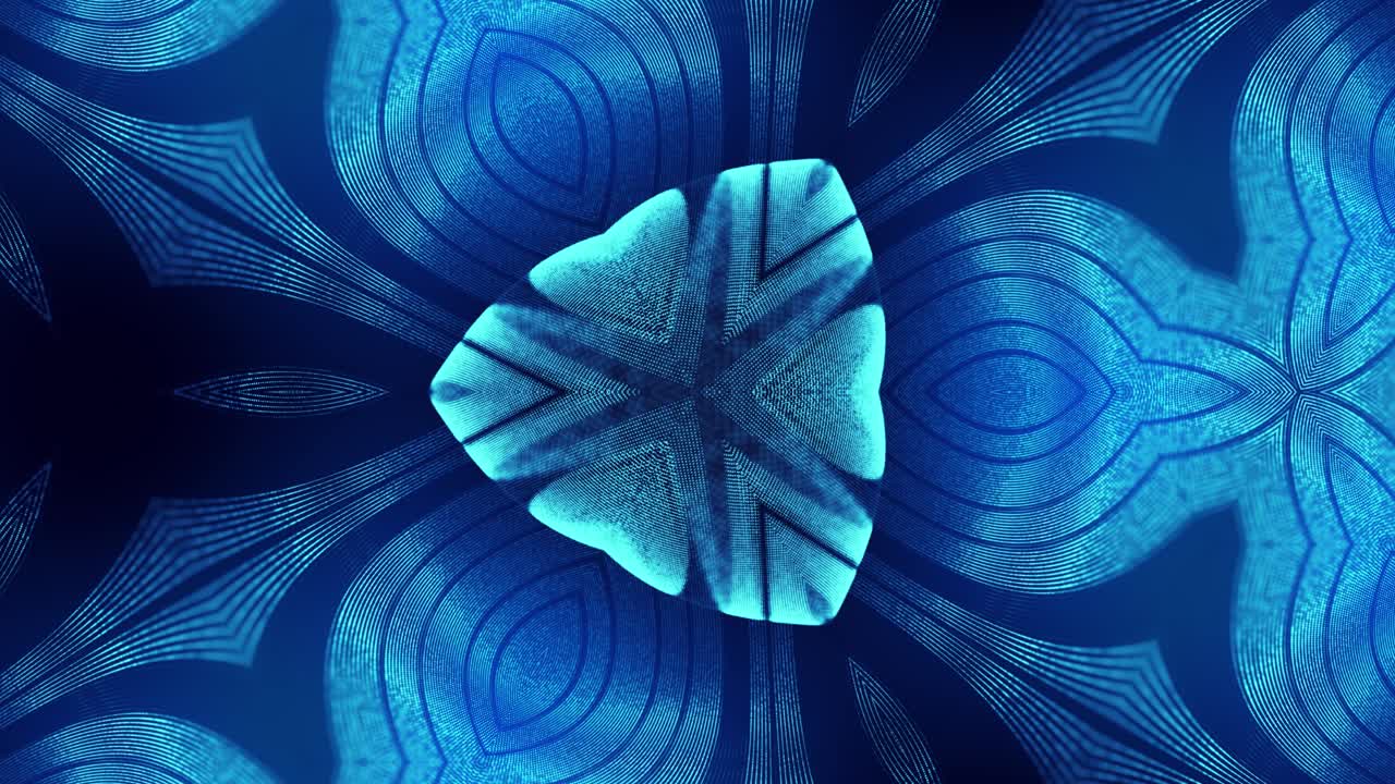 el fondo azul abstracto de 4k de partículas de brillo forma líneas curvas, superficies estructuras simétricas como en el holograma caleidoscópico. tema abstracto de ciencia ficción con ondas de partículas.