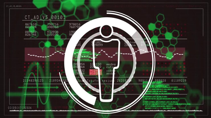 Animation of human icon over data processing and chemical formula on black background