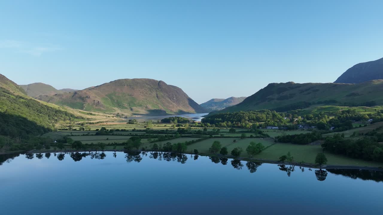 Buttermere Lake, aerial view early morning, Lake District, UK.