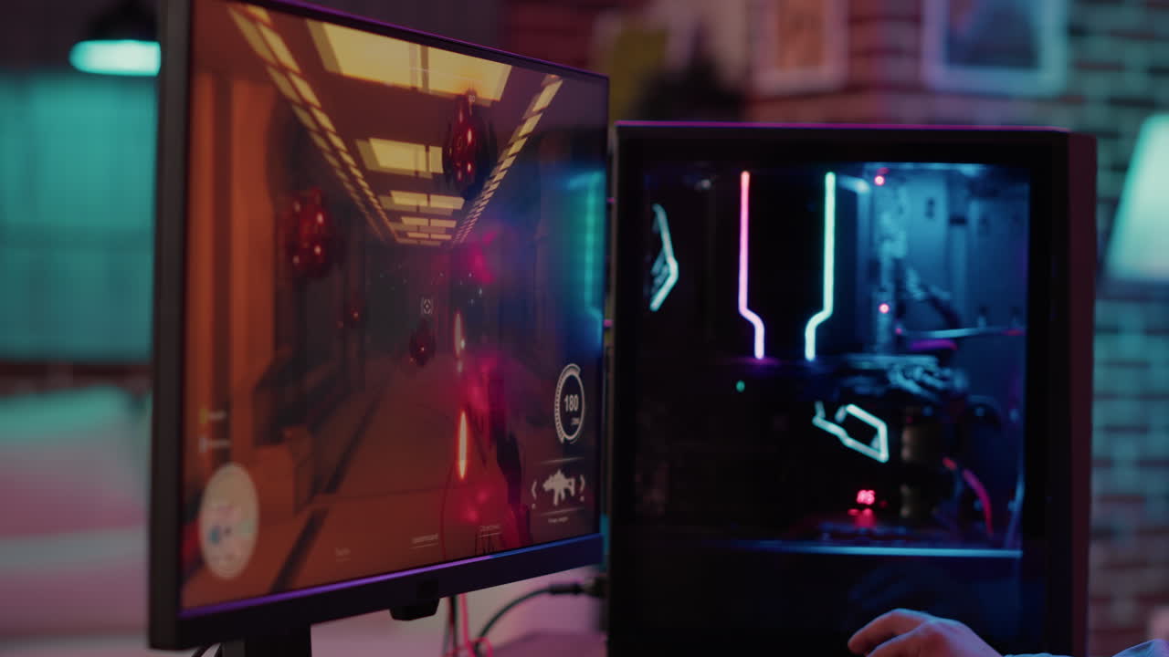 Closeup of professional gaming pc setup screen streaming online gameplay for first person shooter