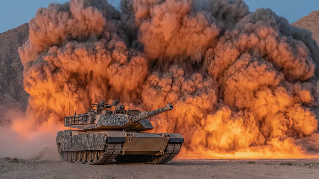 Çarpıcı Bir Askeri Güç Gösterisi: Zırhlı Bir Tank, Gelişmiş Savaş Yeteneklerini Sergileyen Dramatik Bir Savaş Alanı Sahnesinde Patlayıcı Duman ve Alevli Bulutlar Arasında Manevra Yapıyor