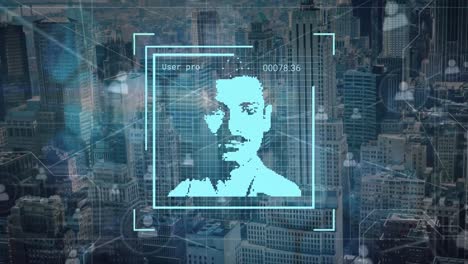 Animation-of-data-processing-with-diverse-people-portraits-over-cityscape