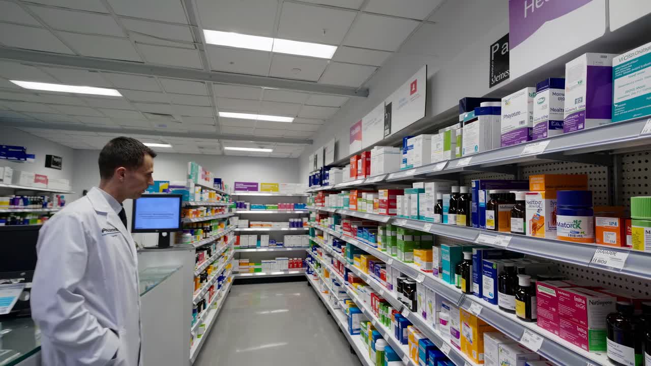 Wide-angle shot of a pharmacist in a white coat, browsing shelves filled with colorful medicine