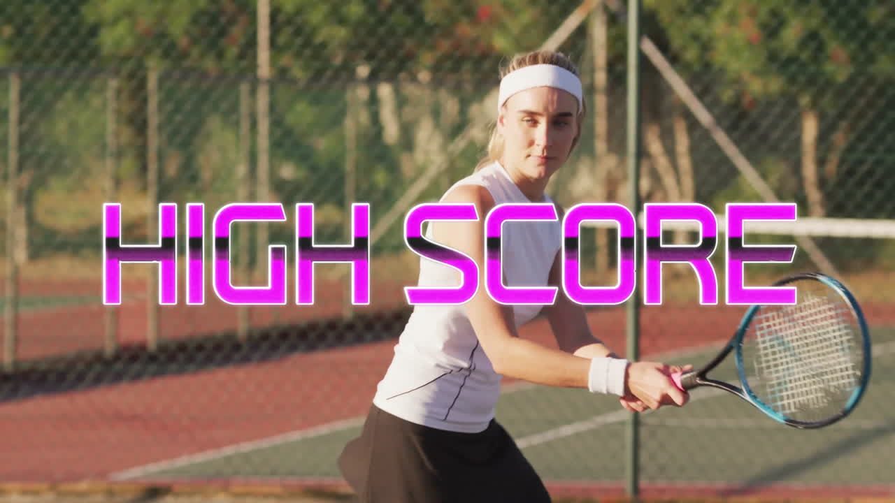 Preparing to serve, tennis player with animation of High Score text overlay