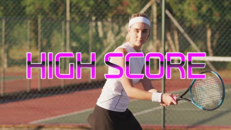 preparing to serve, tennis player with animation of high score text overlay