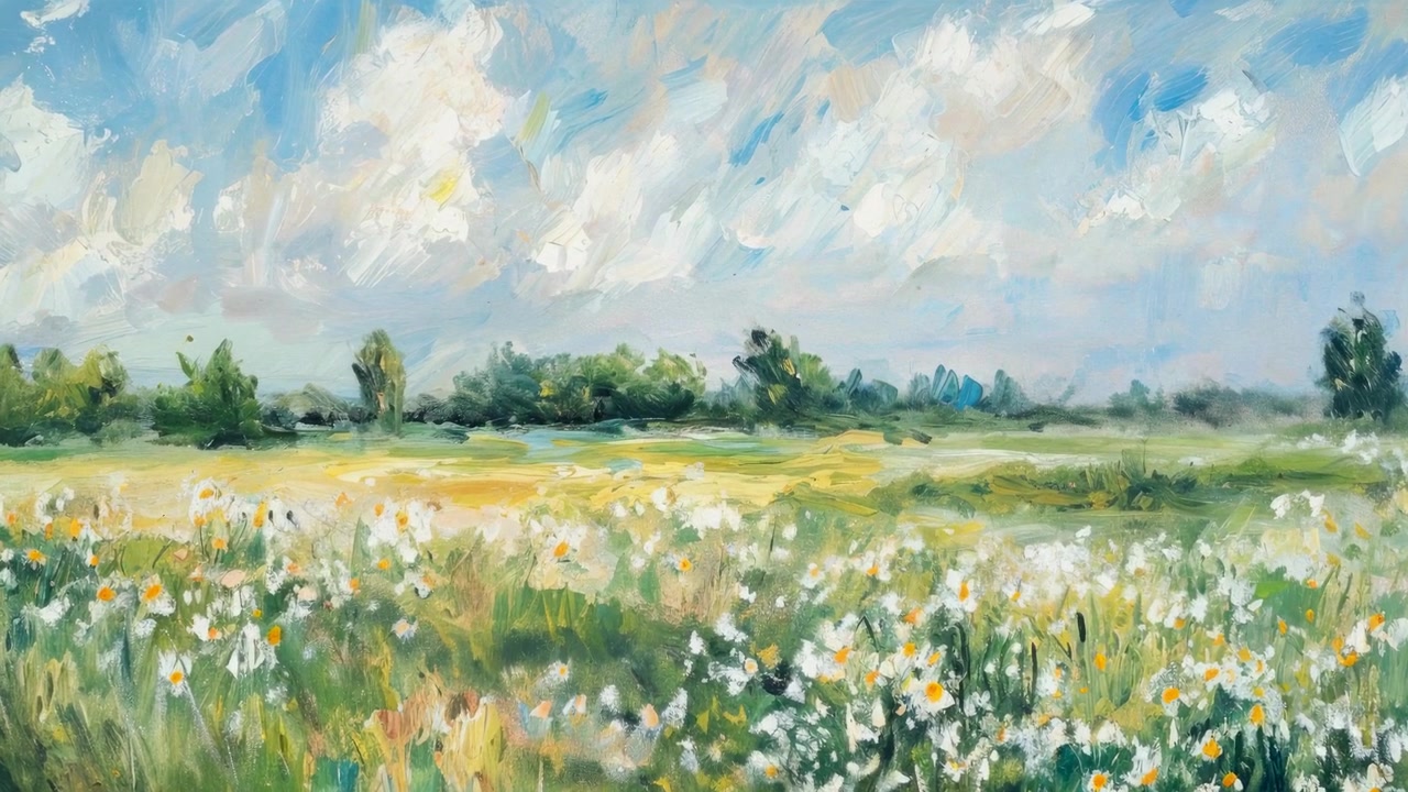 Peinture impressionniste d'un champ de marguerites sous un ciel nuageux