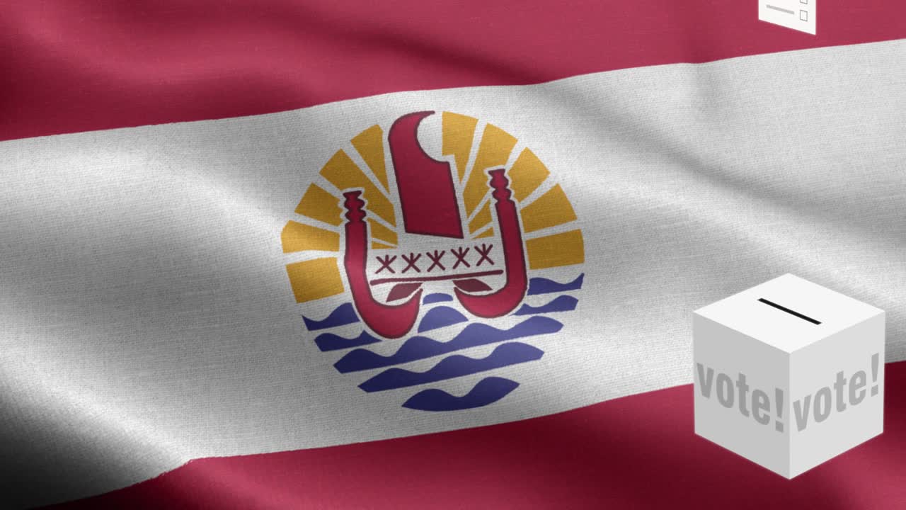 발 앞에 있는 투표용지 - 투표용지가 프랑스 폴리네시아를 위한 투표용지로 날아간다. 선택-선거-투표-프랑스 폴리네샤의 발 - 프랑스폴리네시아 발 높은 세부 사항 - 국가 발 프랑스폴리니시아 파동 패턴 루프 가능한 요소 - 직물 질감과 끝없는 루프