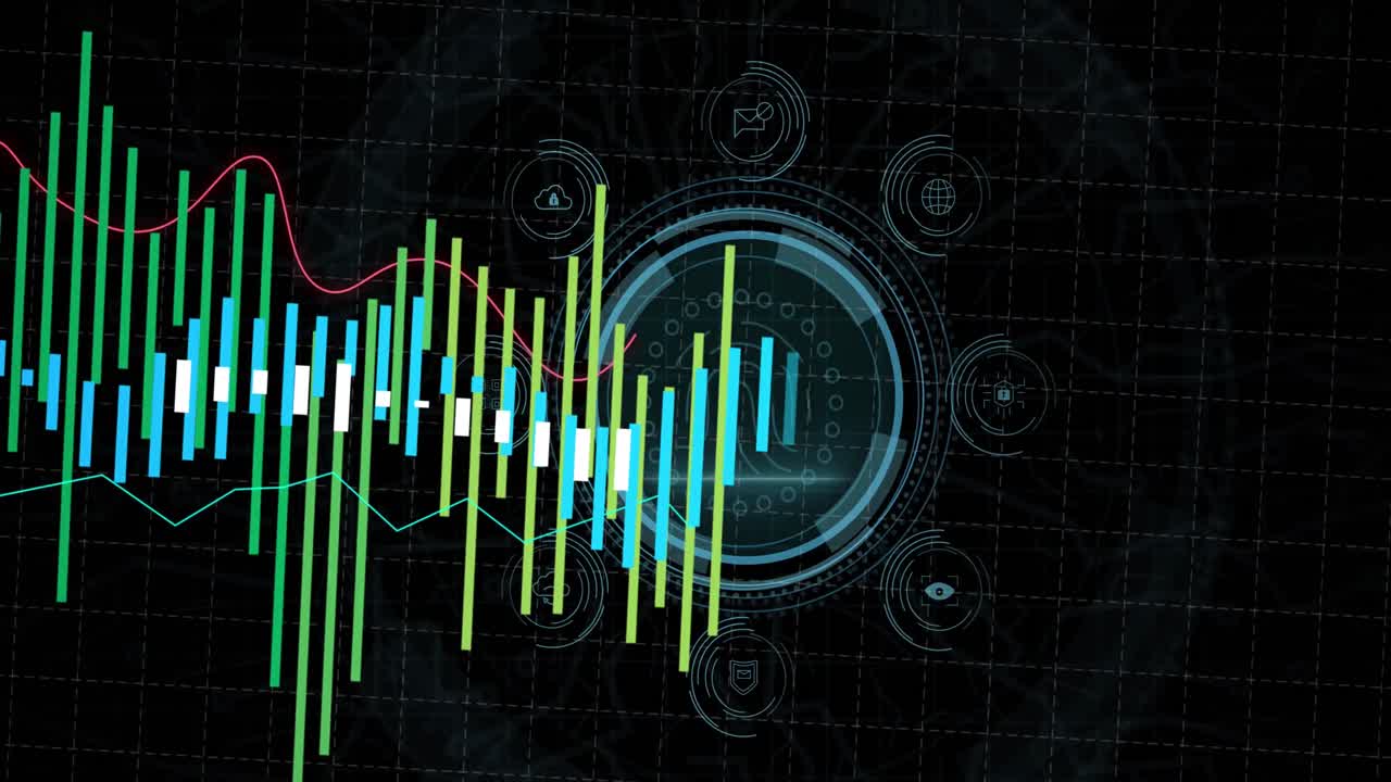 Animation of data processing over digital icon and biometric fingerprint scanner on black background