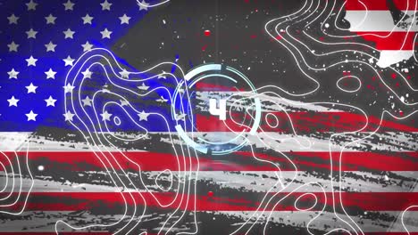 Animation-of-circular-scope-with-countdown-and-contour-lines-over-flashing-american-flag-and-black