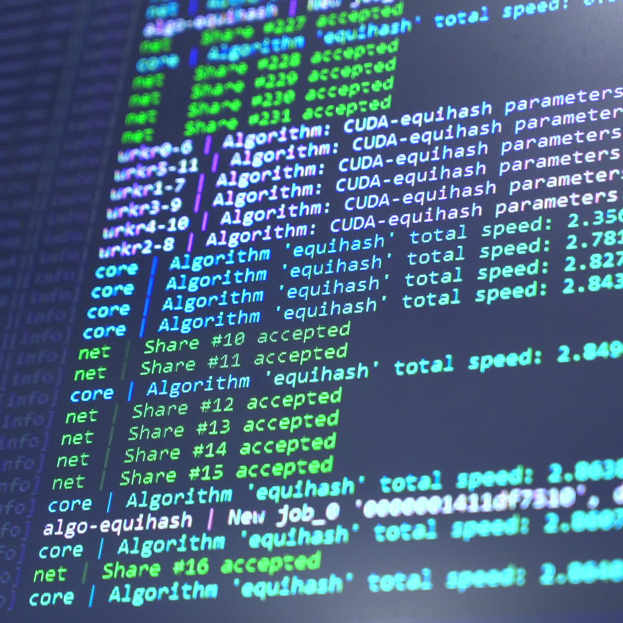 Concept of mining bitcoins. Crypto farm. Flow of information strings and data. Binary code