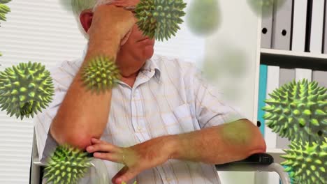 animación de células de macro coronavirus covid-19 que se extienden sobre un hombre caucásico de edad avanzada frotando las manos