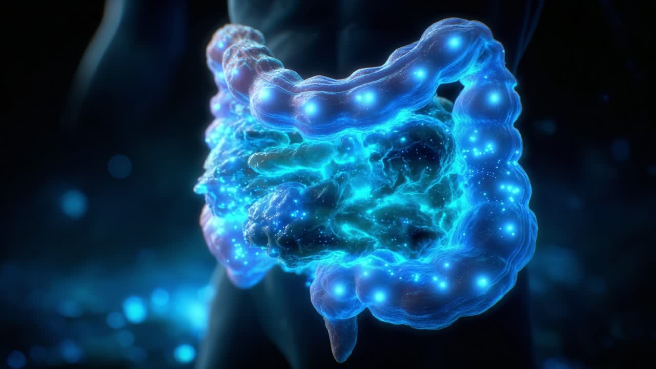 Una splendida rappresentazione visiva del sistema digerente umano che mostra un intestino illuminato con dinamici effetti di energia blu