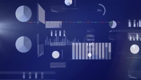 Animation of financial data processing over light trails on blue background