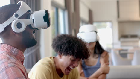 at home, using vr headsets, friends enjoying virtual reality experience together