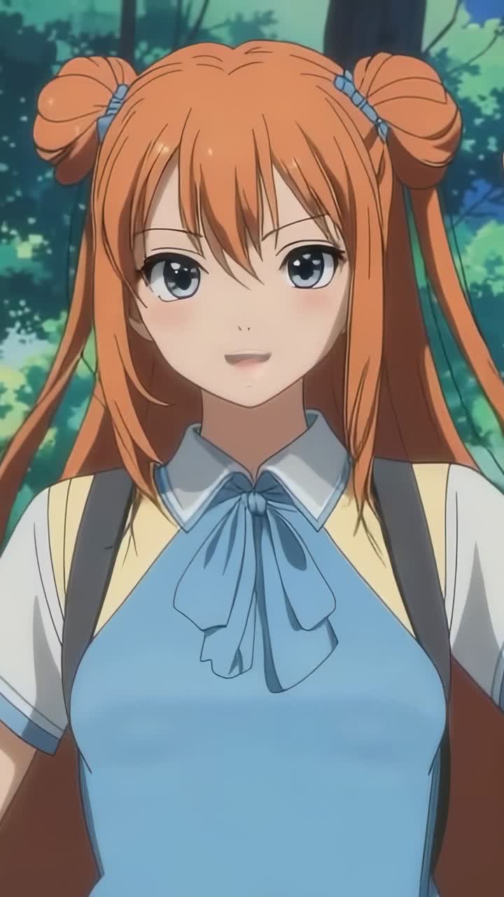 Vertical video: Starting scene with uniformed anime student raising hand greeting in park, backpack