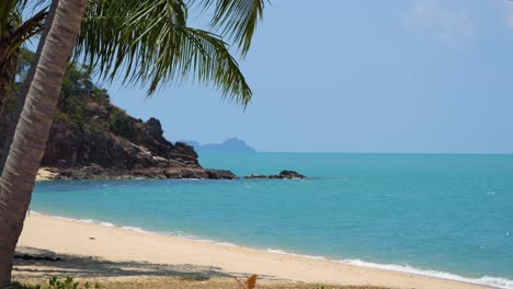 Atemberaubende-Aussicht-Auf-Den-Tropischen-Inselstrand-Mit-Blauem-Meer-Und-Palmen