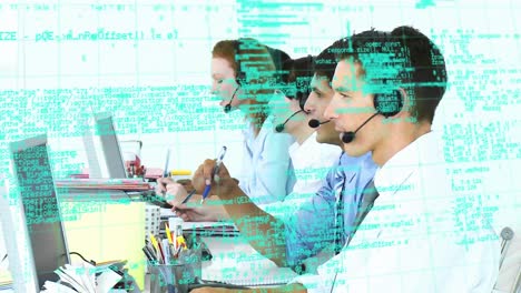 animazione dell'elaborazione dei dati su uomini d'affari che utilizzano cuffie telefoniche
