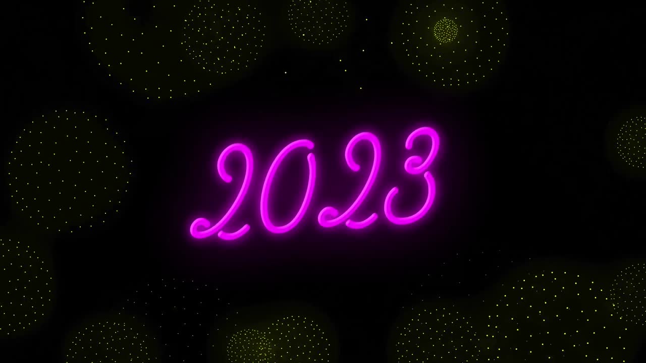 Animazione del testo 2023 su forme e fuochi d'artificio su sfondo nero.