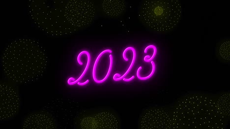 Animation-of-2023-text-over-shapes-and-fireworks-on-black-backrgound