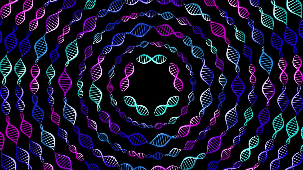el adn. las espirales de los segmentos están girando y moviéndose en círculo en diferentes direcciones. azul, rosa, turquesa.