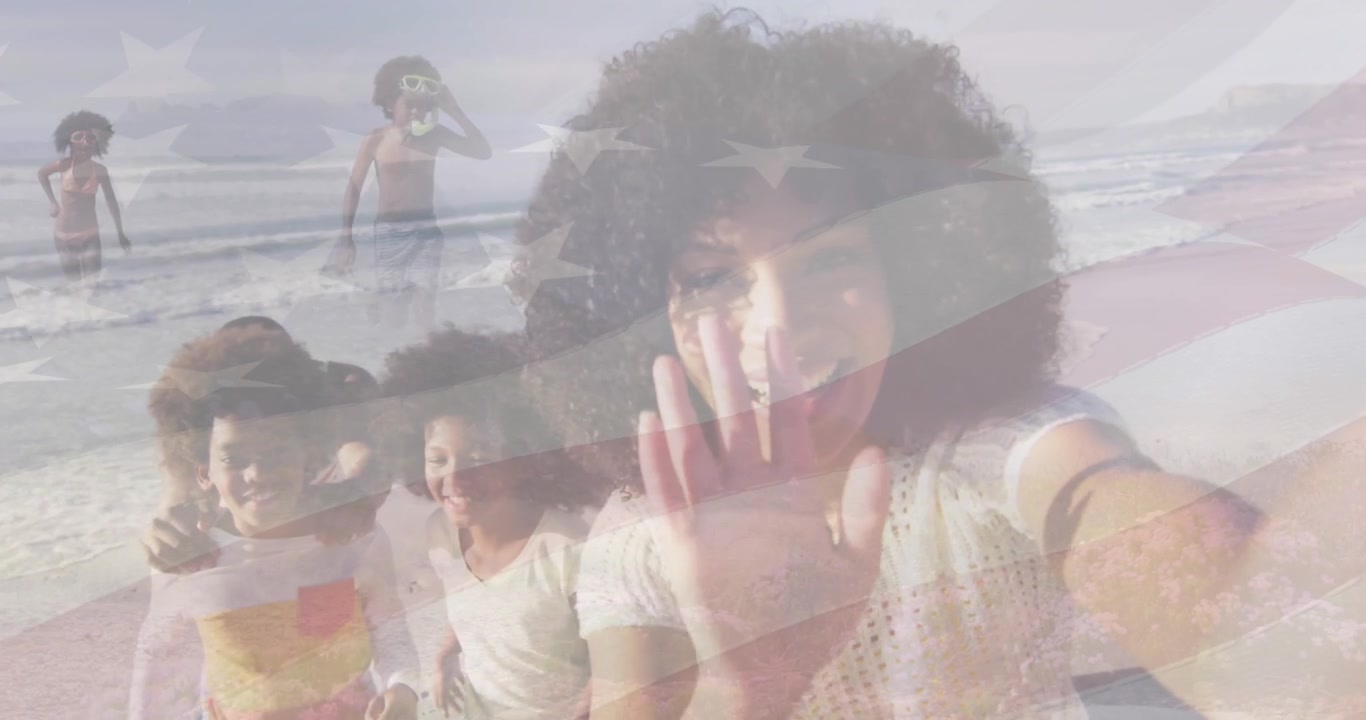 Animação de bandeira dos EUA sobre família afro-americana feliz