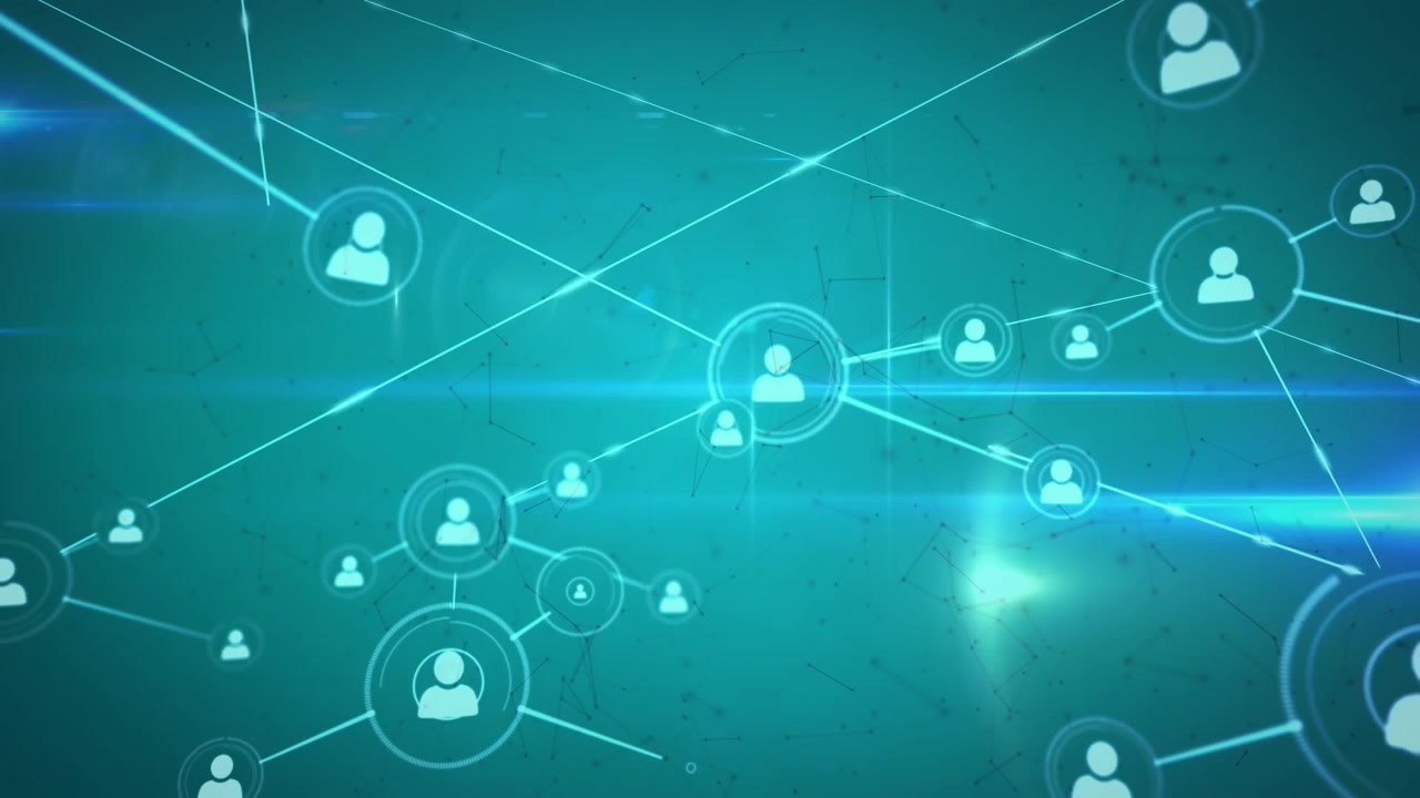 Animation of network of connections with icons over clouds